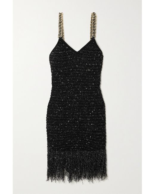 Balmain Chain-embellished Fringed Sequined Bouclé-tweed Mini Dress