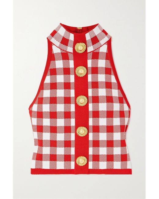Balmain Cropped Button-embellished Gingham Knitted Top
