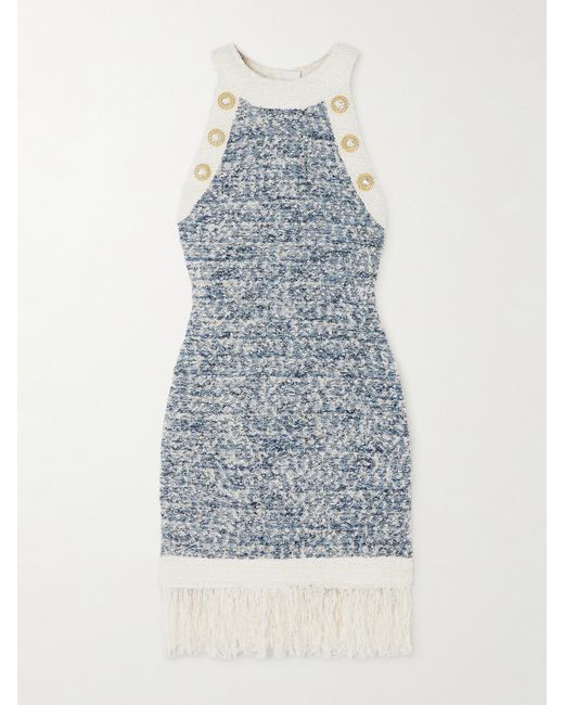 Balmain Embellished Fringed Denim-tweed Mini Dress