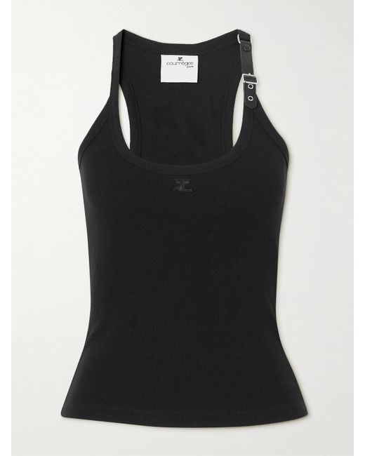 Courrèges Buckle-embellished Faux Leather-trimmed Ribbed Cotton-blend Tank