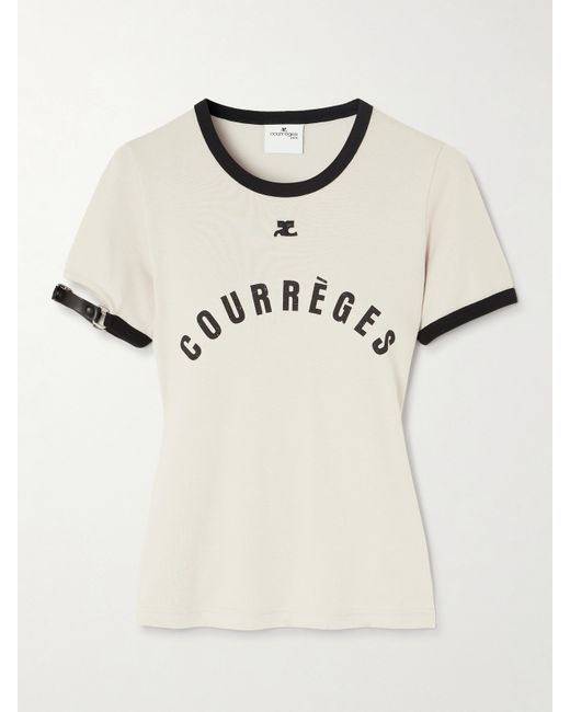 Courrèges Buckle-embellished Faux Leather-trimmed Printed Cotton-jersey T-shirt