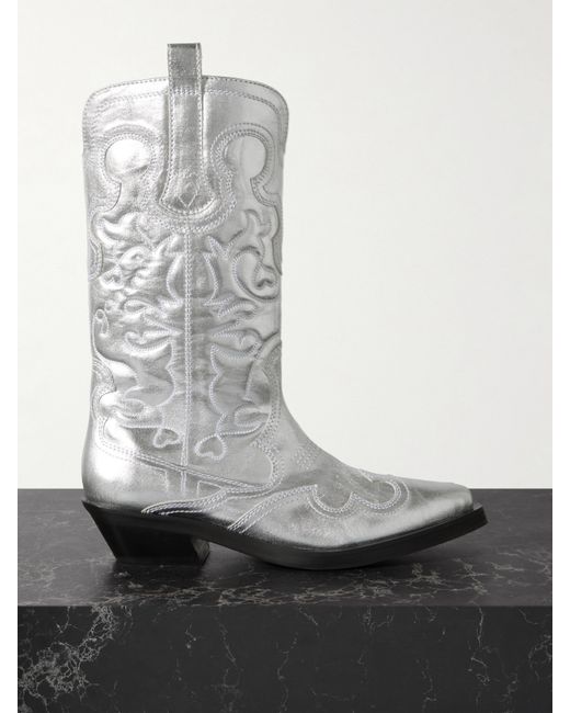 Ganni Embroidered Metallic Recycled Leather Cowboy Boots