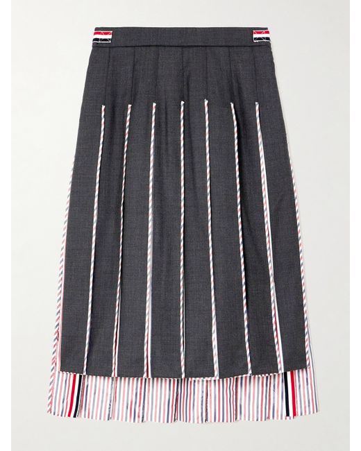 Thom Browne Pleated Striped Poplin-trimmed Wool Midi Skirt