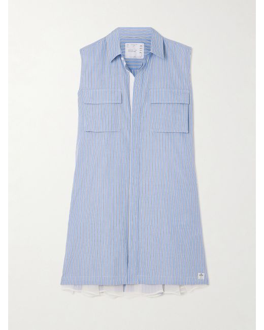 Sacai Chiffon-trimmed Pleated Striped Cotton-poplin Mini Shirt Dress