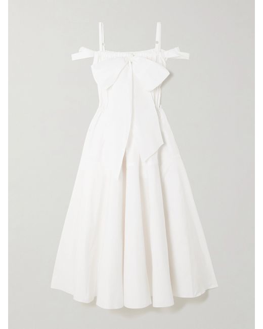 Patou Cold-shoulder Bow-detailed Shirred Poplin Maxi Dress
