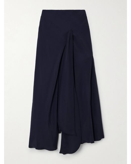 Victoria Beckham Asymmetric Gathered Crepe Midi Skirt Navy