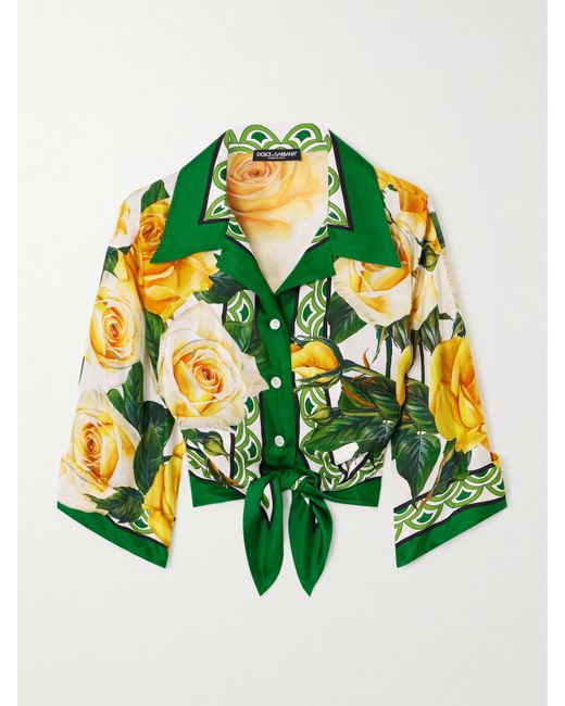 Dolce & Gabbana Cropped Tie-front Floral-print Silk-twill Shirt