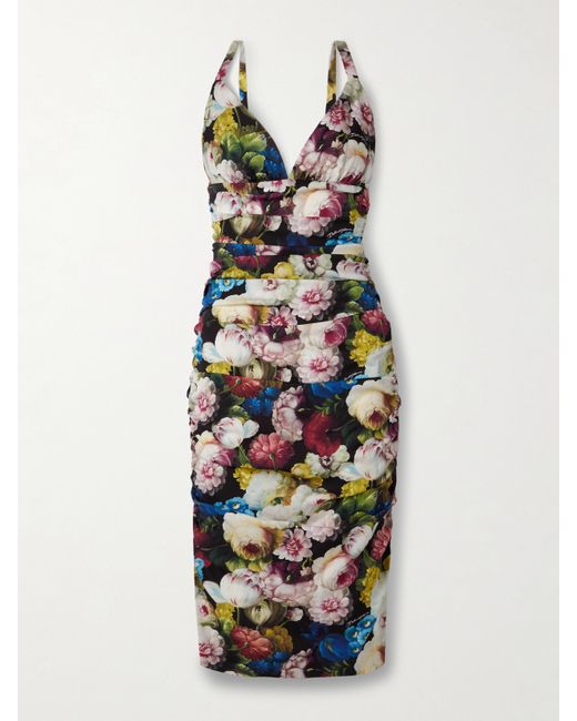 Dolce & Gabbana Ruched Floral-print Stretch-silk Charmeuse Midi Dress