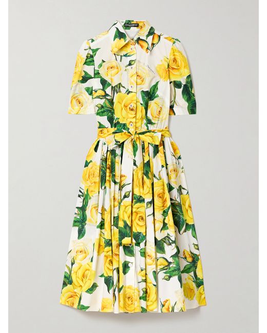 Dolce & Gabbana Belted Pleated Floral-print Cotton-poplin Midi Dress