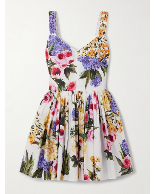 Dolce & Gabbana Pleated Floral-print Stretch Cotton-poplin Mini Dress