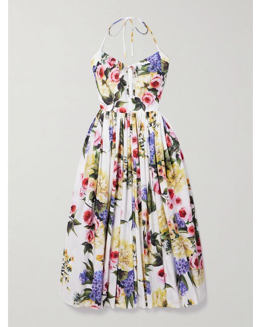 Dolce & Gabbana Gathered Floral-print Cotton-poplin Halterneck Midi Dress