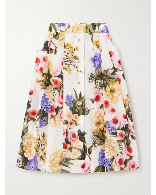 Dolce & Gabbana Pleated Floral-print Cotton-poplin Midi Skirt