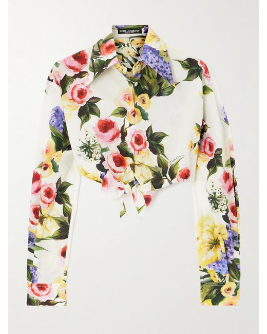 Dolce & Gabbana Cropped Tie-front Floral-print Cotton-poplin Shirt