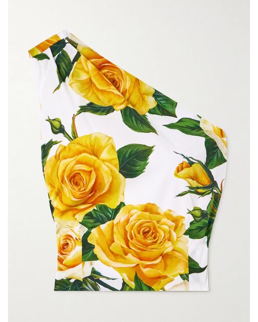 Dolce & Gabbana One-shoulder Pleated Floral-print Stretch-cotton Poplin Top