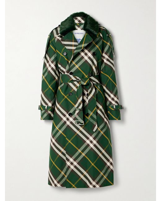 Burberry Faux Fur-trimmed Checked Cotton-gabardine Trench Coat