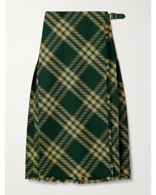 Burberry Pleated Checked Wool Midi Wrap Skirt