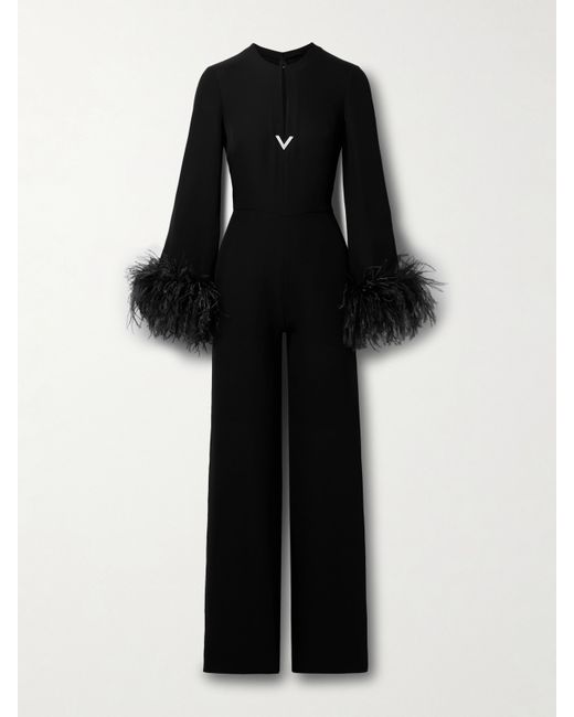 Valentino Garavani Cutout Embellished Feather-trimmed Silk Jumpsuit