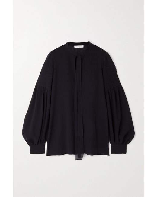 Chloé Tie-detailed Pintucked Wool Blouse Navy