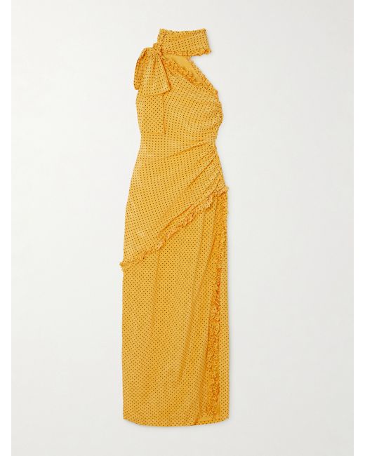 Alessandra Rich Bow-detailed Ruffled One-shoulder Polka-dot Silk Crepe De Chine Dress