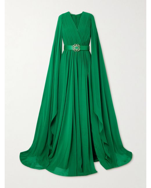 Elie Saab Belted Satin-trimmed Cape-effect Pleated Silk-chiffon Gown