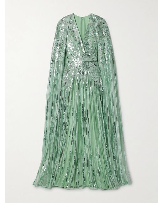 Elie Saab Cape-effect Sequin-embellished Embroidered Tulle Gown