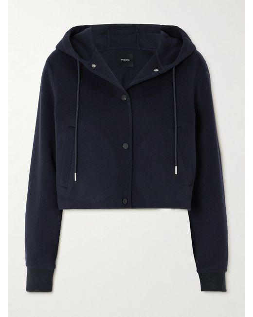 Theory Cropped Wool And Cashmere-blend Felt Hooded Jacket Navy