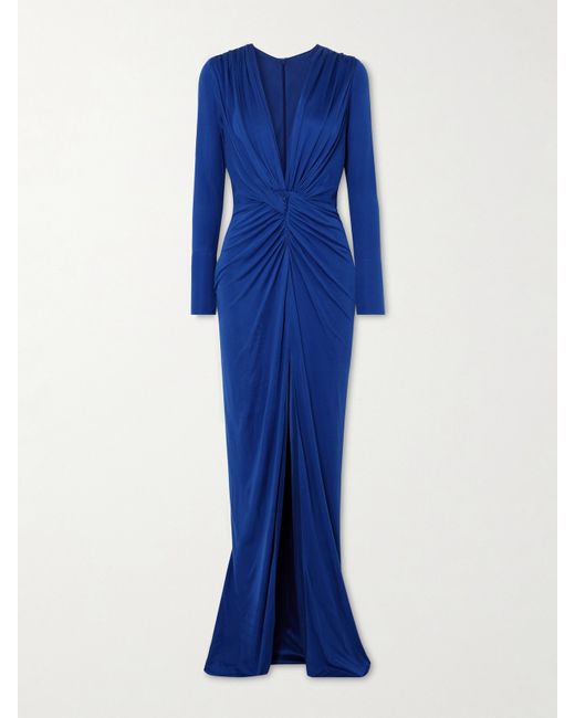 Costarellos Twist-front Cutout Satin-jersey Gown Royal