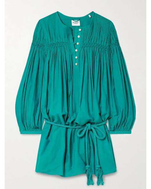 marant étoile Adeliani Belted Pintucked Smocked Cotton-blend Voile Mini Dress Emerald