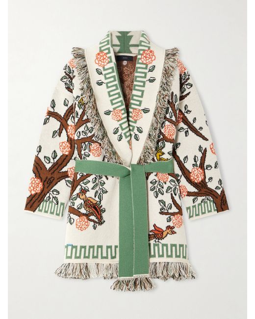 Alanui Tree Of Life Belted Fringed Jacquard-knit Cashmere Cardigan