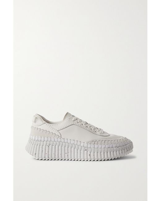 Chloé Net Sustain Nama Embroidered Suede-trimmed Leather Sneakers