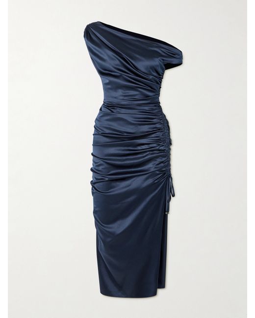 Veronica Beard Kadie Asymmetric Ruched Stretch-silk Satin Midi Dress Navy