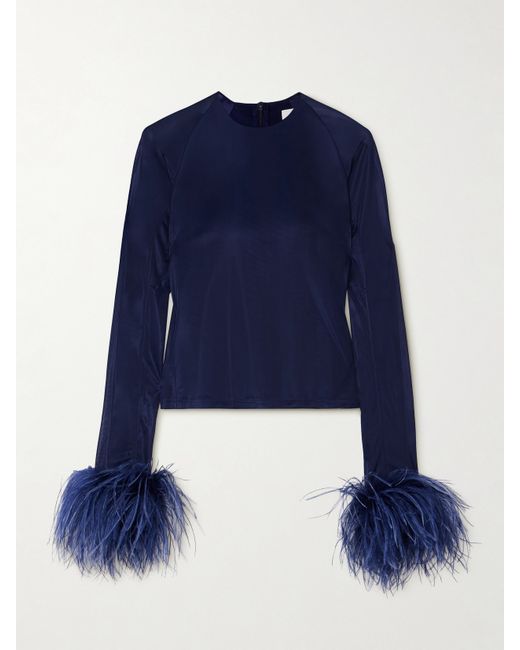 16Arlington Alero Feather-trimmed Cropped Mesh Top Navy