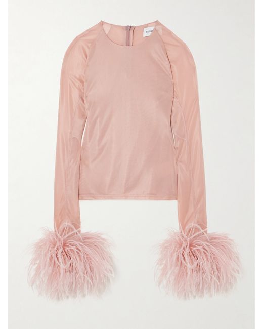 16Arlington Feather-trimmed Stretch-jersey Top Blush