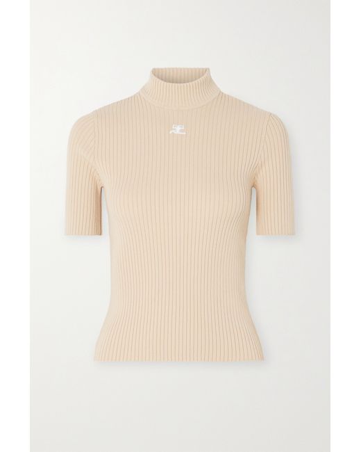 Courrèges Embroidered Ribbed-knit Top Neutral