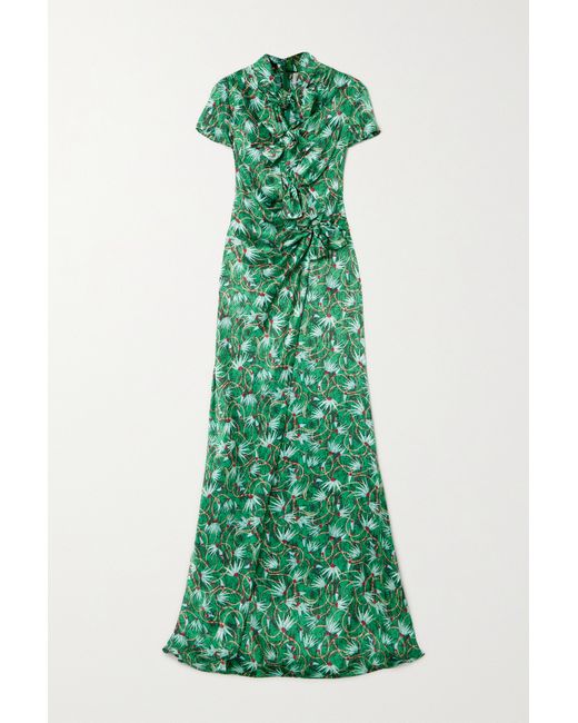 Saloni Kelly Bow-embellished Printed Silk-satin Maxi Dress Emerald
