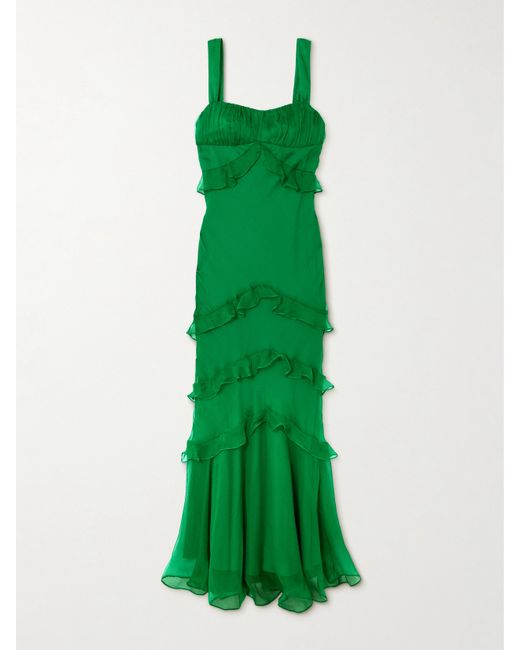Saloni Chandra Ruffled Plissé Silk-georgette Maxi Dress Emerald