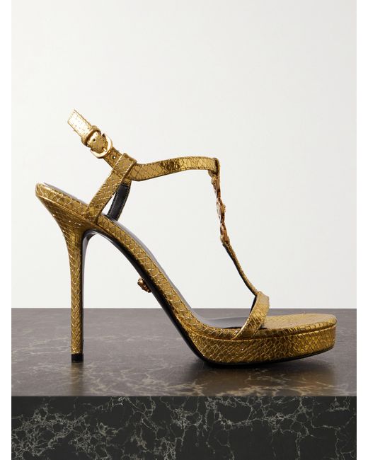 Versace Embellished Metallic Snake-effect Leather Sandals