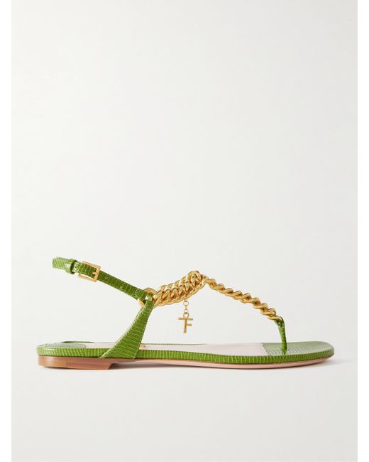 Tom Ford Zenith Chain-embellished Lizard-effect Leather Slingback Sandals