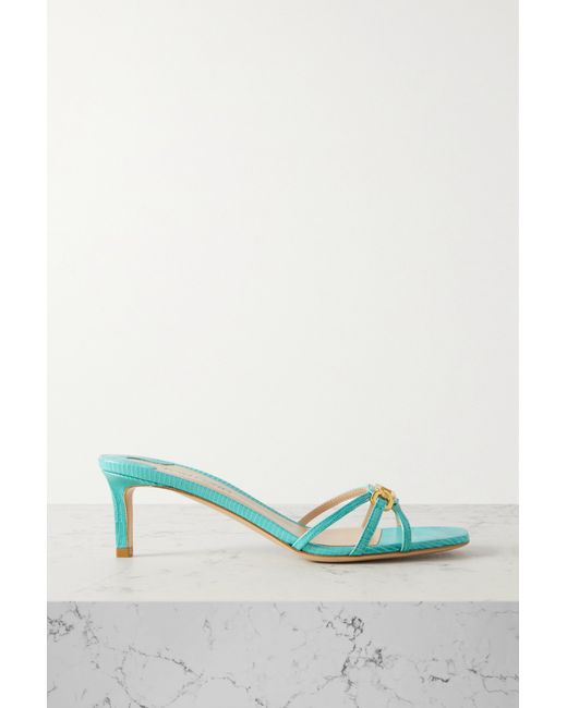 Tom Ford Whitney Embellished Lizard-effect Leather Mules Turquoise