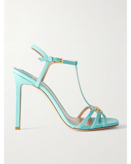 Tom Ford Whitney Embellished Lizard-effect Leather Sandals Turquoise