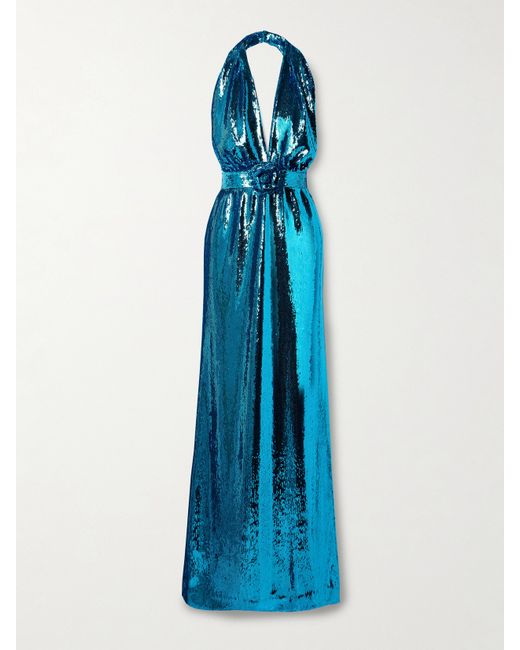 Rodarte Embellished Sequinned Tulle Halterneck Gown Teal