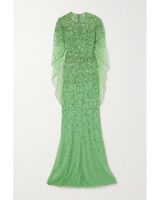 Jenny Packham Delphine Cape-effect Embellished Tulle Gown