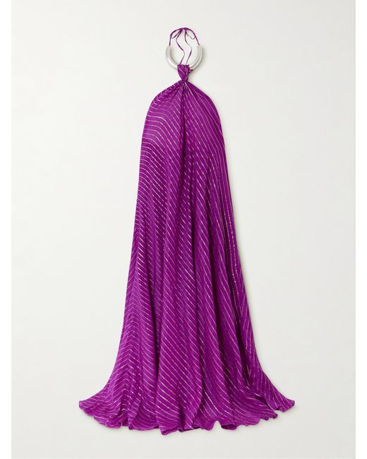 Johanna Ortiz Net Sustain Majestic Power Embellished Silk-blend Chiffon Halterneck Maxi Dress Magenta