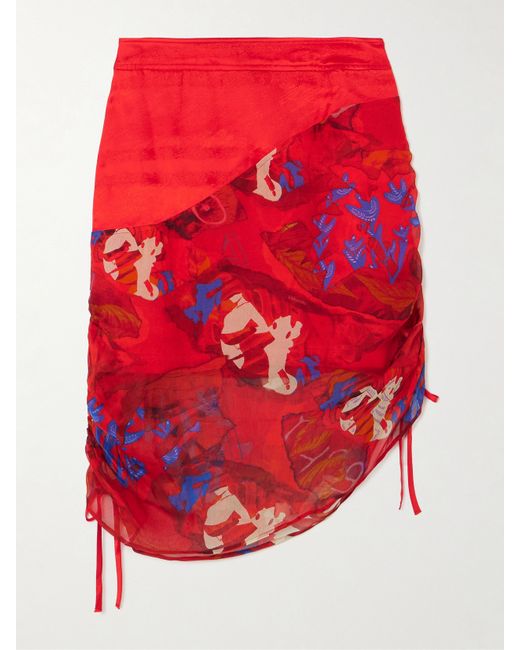 Ahluwalia Priya Asymmetric Ruched Satin And Printed Tulle Mini Skirt