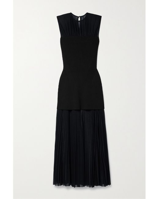 Proenza Schouler Niki Layered Pleated Jersey And Ribbed-knit Midi Dress Midnight