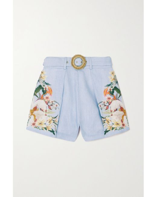 Zimmermann Lexi Belted Floral-print Linen Shorts