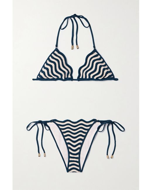 Zimmermann Junie Striped Crocheted Cotton Triangle Bikini Storm