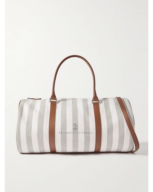 Brunello Cucinelli Leather-trimmed Striped Canvas Duffel Bag