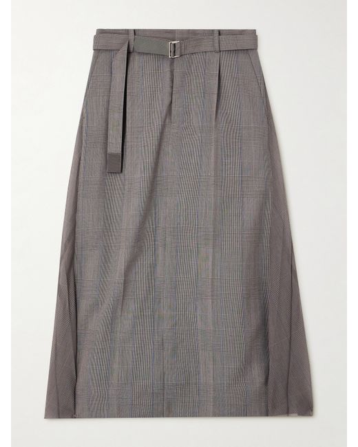 Sacai Belted Pleated Prince Of Wales Checked Woven Midi Skirt