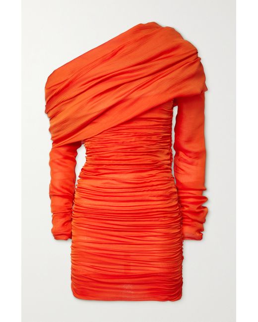 Saint Laurent One-shoulder Ruched Silk-crepon Mini Dress